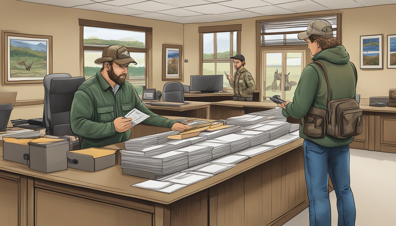 A hunter purchasing a Texas non-resident hunting license at a wildlife department office