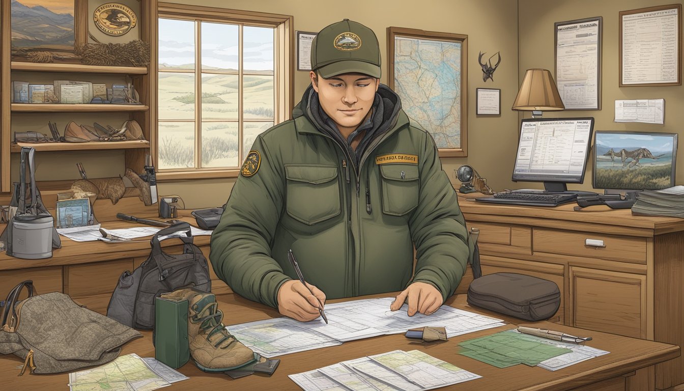 A hunter purchasing a South Dakota non-resident hunting license from a wildlife office, surrounded by hunting gear and maps