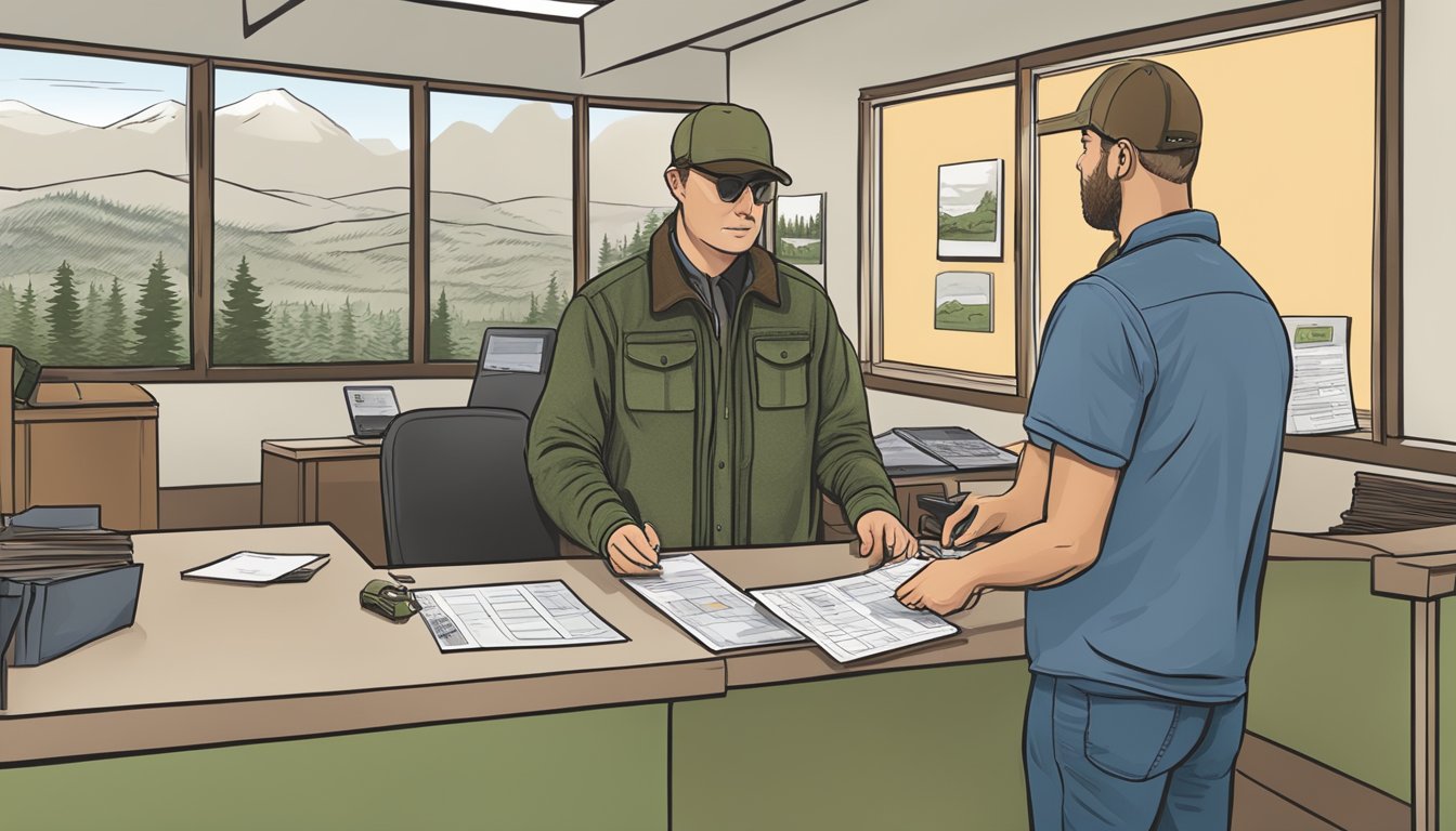 A hunter purchasing an Oregon non-resident hunting license at a wildlife agency office, then using it to check in at a hunting location