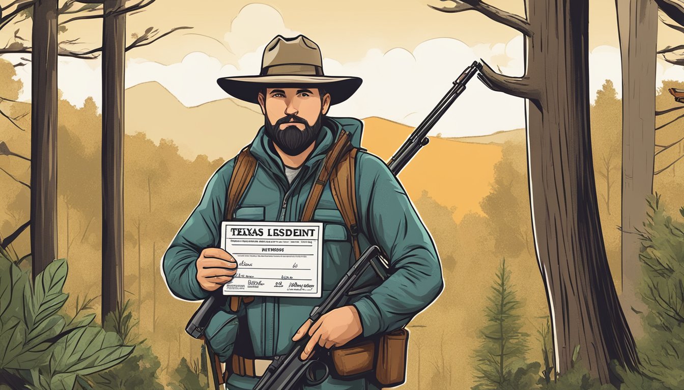 A hunter holding a Texas non-resident hunting license while standing in a forest with a rifle and wildlife in the background