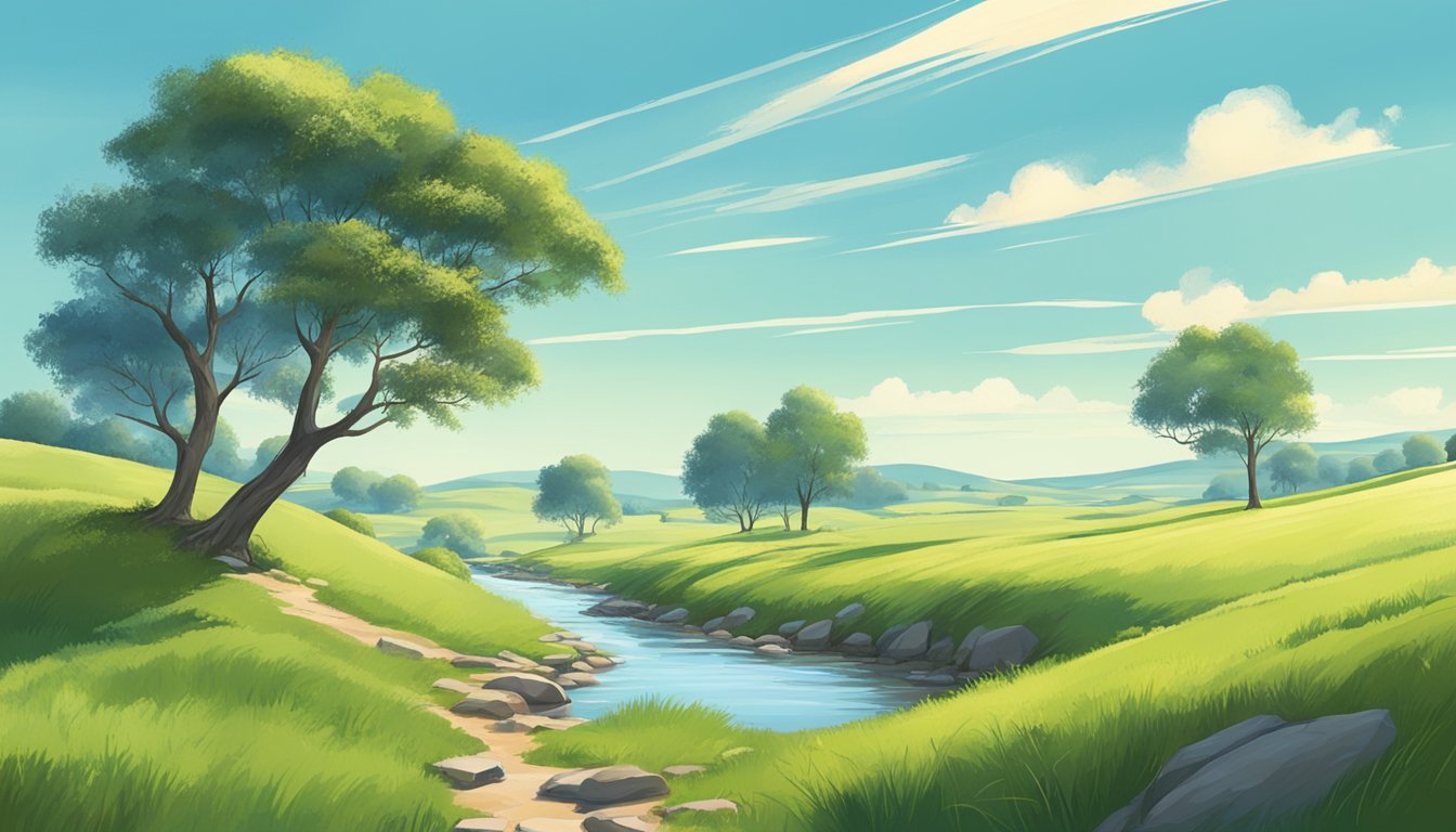 A serene landscape of rolling hills and grassy plains under a clear blue sky, with a few scattered trees and a small stream running through the scene