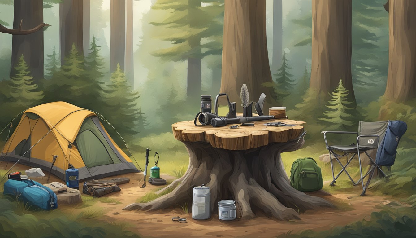 A forested landscape with a hunting license displayed on a tree stump, surrounded by camping gear and wildlife