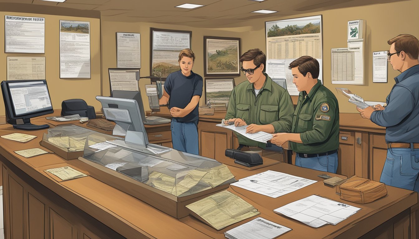 A hunter purchasing a Texas non-resident hunting license at a state wildlife office, with various endorsements and permits displayed on a counter