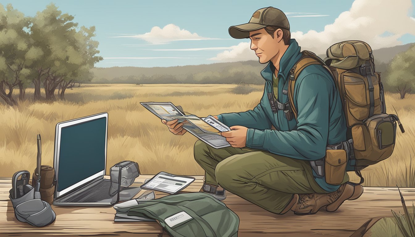 A hunter purchasing a Texas non-resident hunting license online, with a computer, credit card, and hunting gear nearby