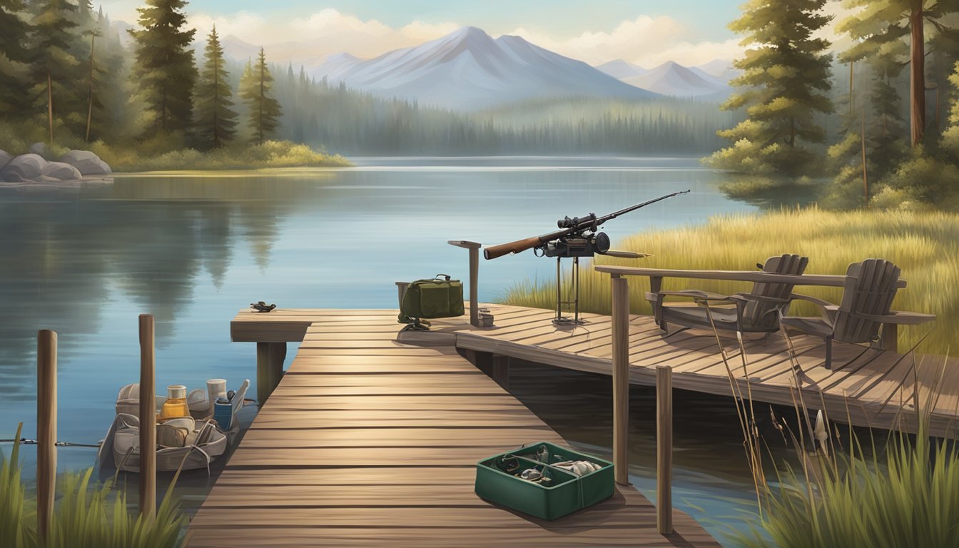 A serene lakeside scene with a fishing license and a non-resident hunting license placed on a wooden dock, surrounded by fishing rods and hunting gear