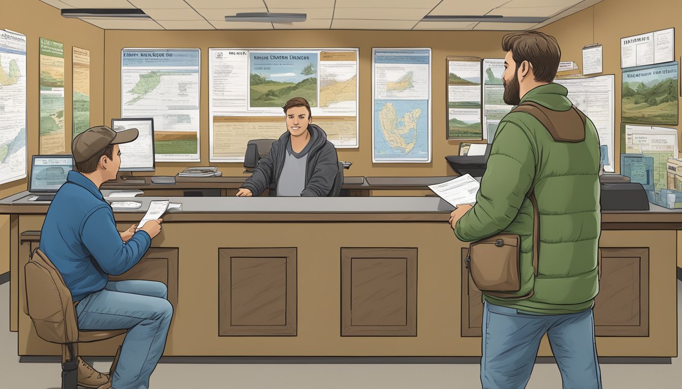 A hunter purchasing a Rhode Island non-resident hunting license at a wildlife office counter