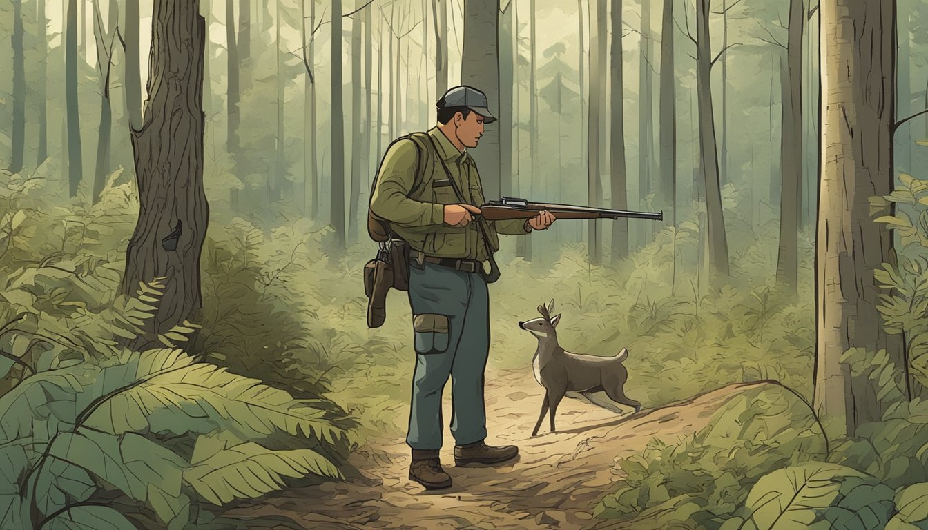 A forest clearing with a hunter holding a rifle and a bag of game, while a wildlife officer checks his Rhode Island Non Resident Hunting License