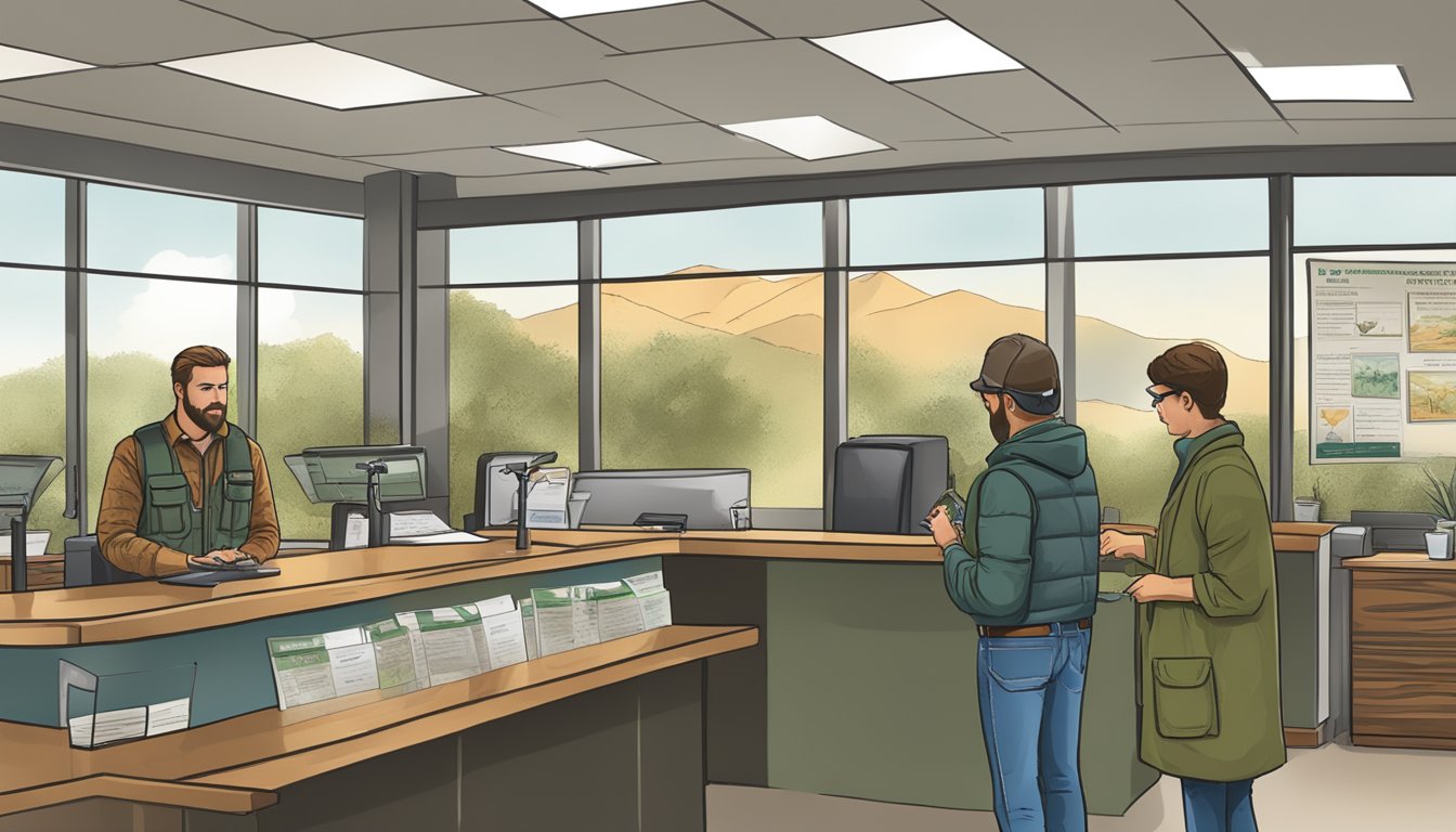 A hunter purchasing a Texas non-resident hunting license at a wildlife office counter