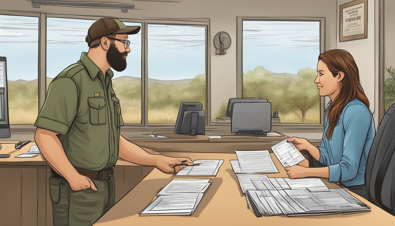 A hunter purchasing a Texas non-resident hunting license from a customer service representative at a wildlife office