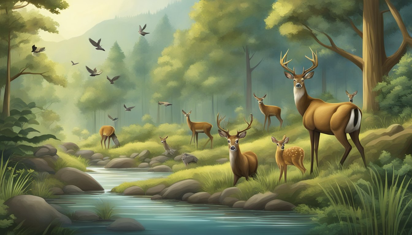 A serene forest scene with a variety of wildlife, including deer, birds, and small mammals, with a focus on conservation efforts such as signs and protected areas