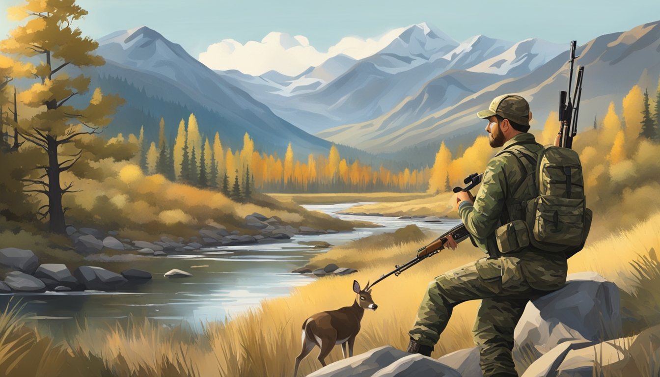 A rugged landscape with mountains, pine trees, and a clear stream. A hunter in camouflage clothing holds a rifle, while a deer stands in the distance