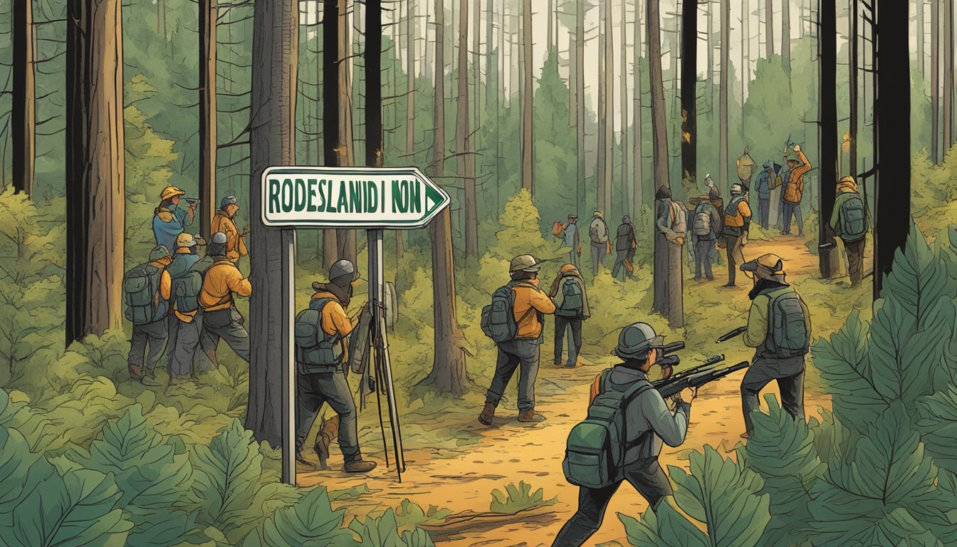 A dense forest with a sign for "Rhode Island Non Resident Hunting License" and a group of people reporting a wildfire