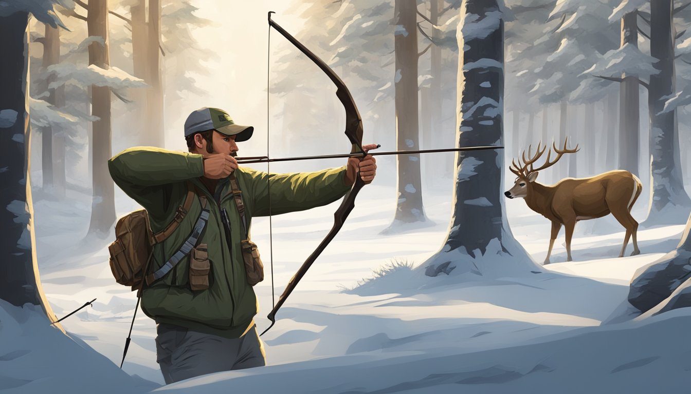 A hunter in Utah uses a bow and arrow to pursue a deer through the forest