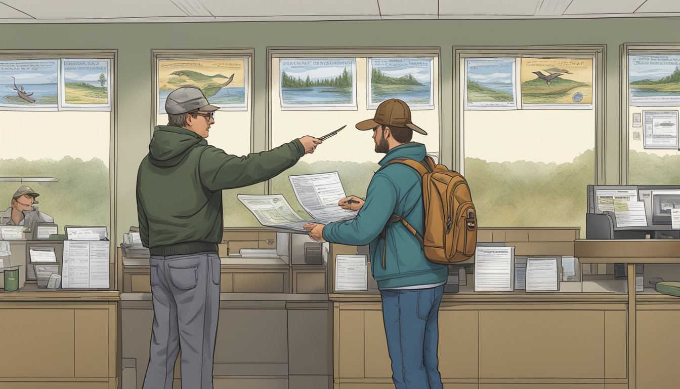 A hunter purchasing a Rhode Island non-resident hunting license at a state wildlife office counter