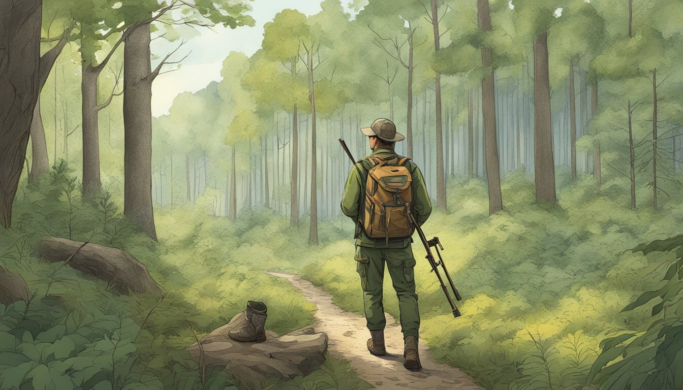 A forest clearing with a hunter's backpack, rifle, and a map of Virginia, surrounded by wildlife and trees