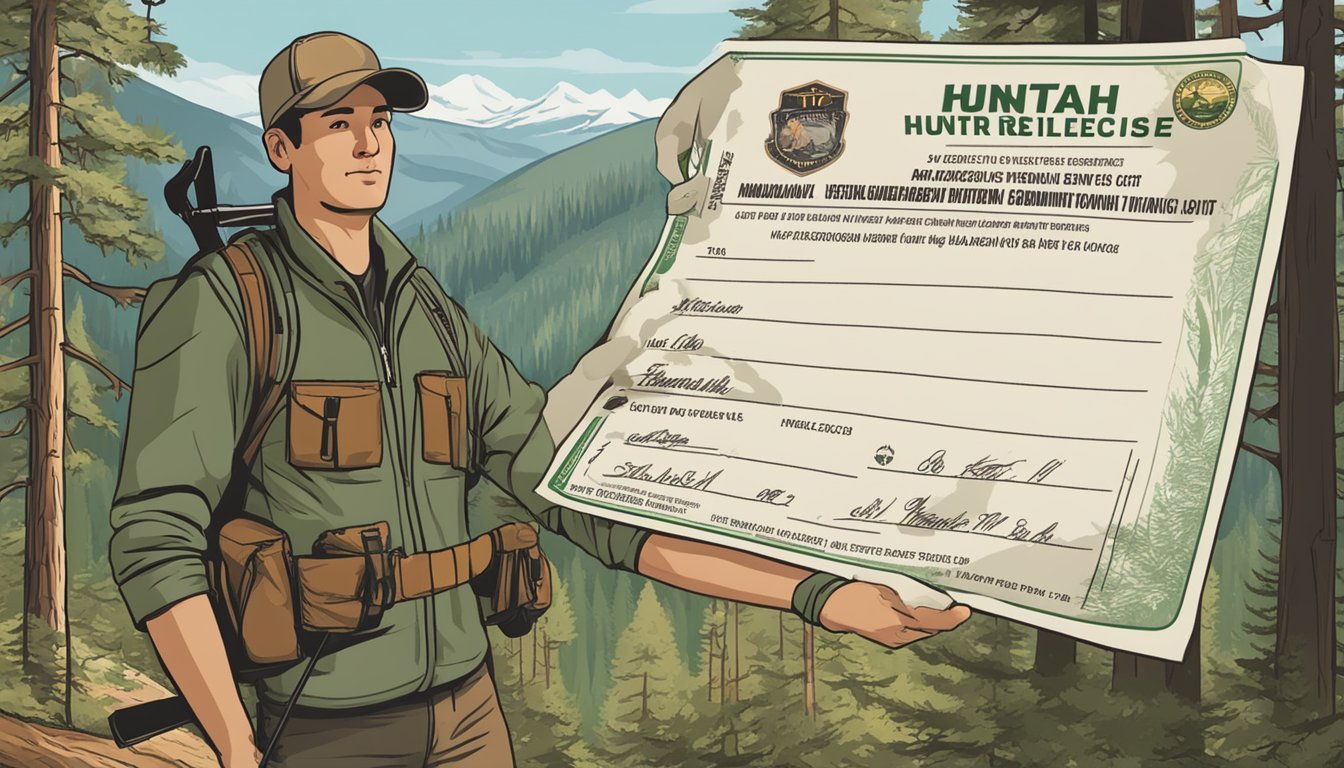 A hunter holding a valid Utah non-resident hunting license with a renewal notice in a forest setting