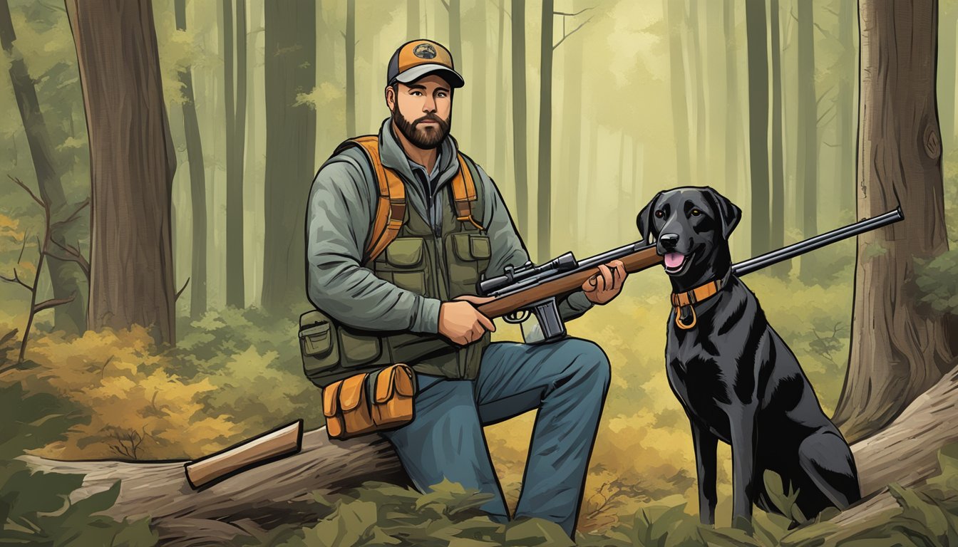 A hunter holding a Virginia nonresident hunting license while standing in a wooded area with a rifle and a hunting dog