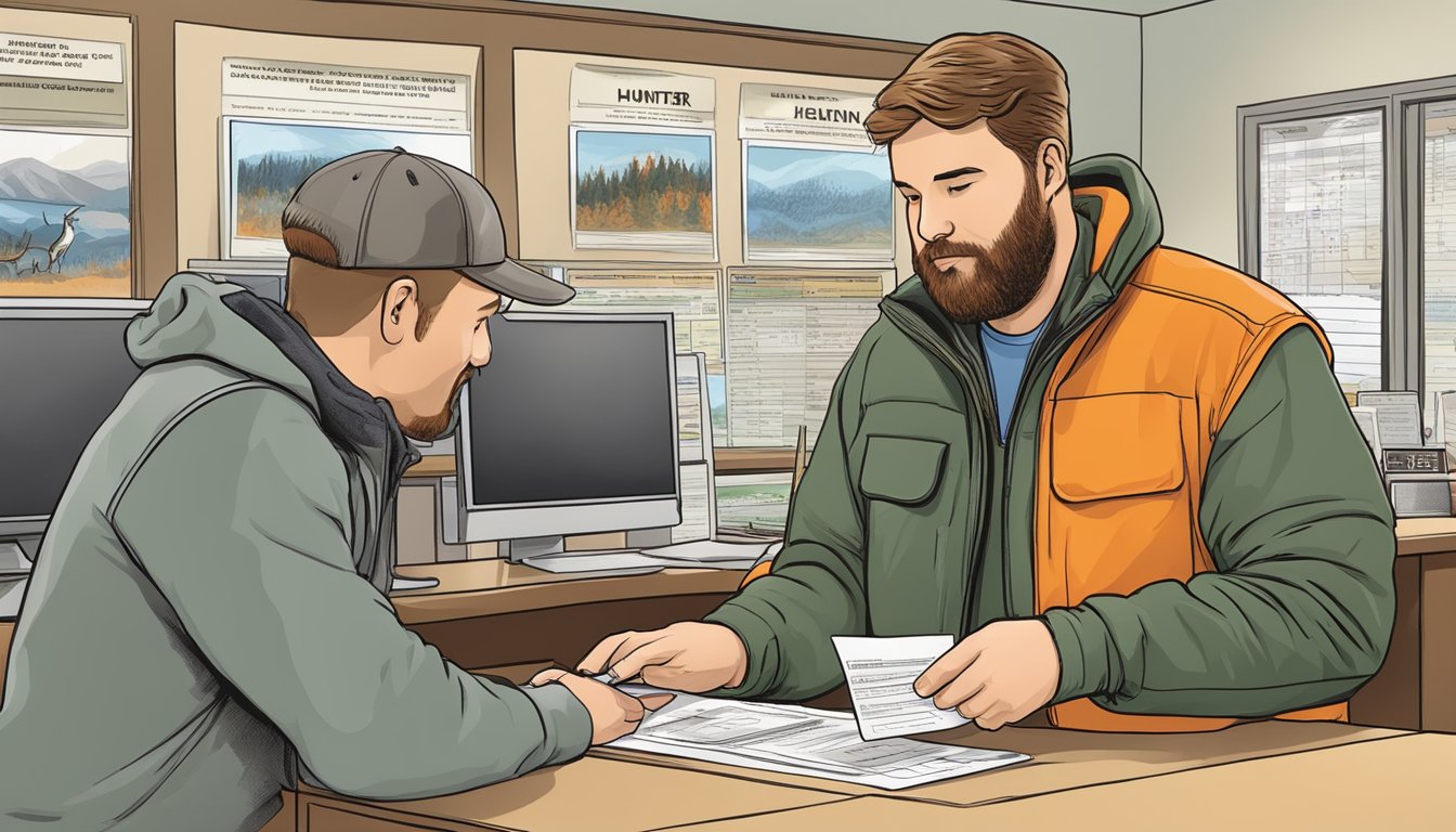 A hunter purchasing a Virginia non-resident hunting license at a wildlife agency office counter