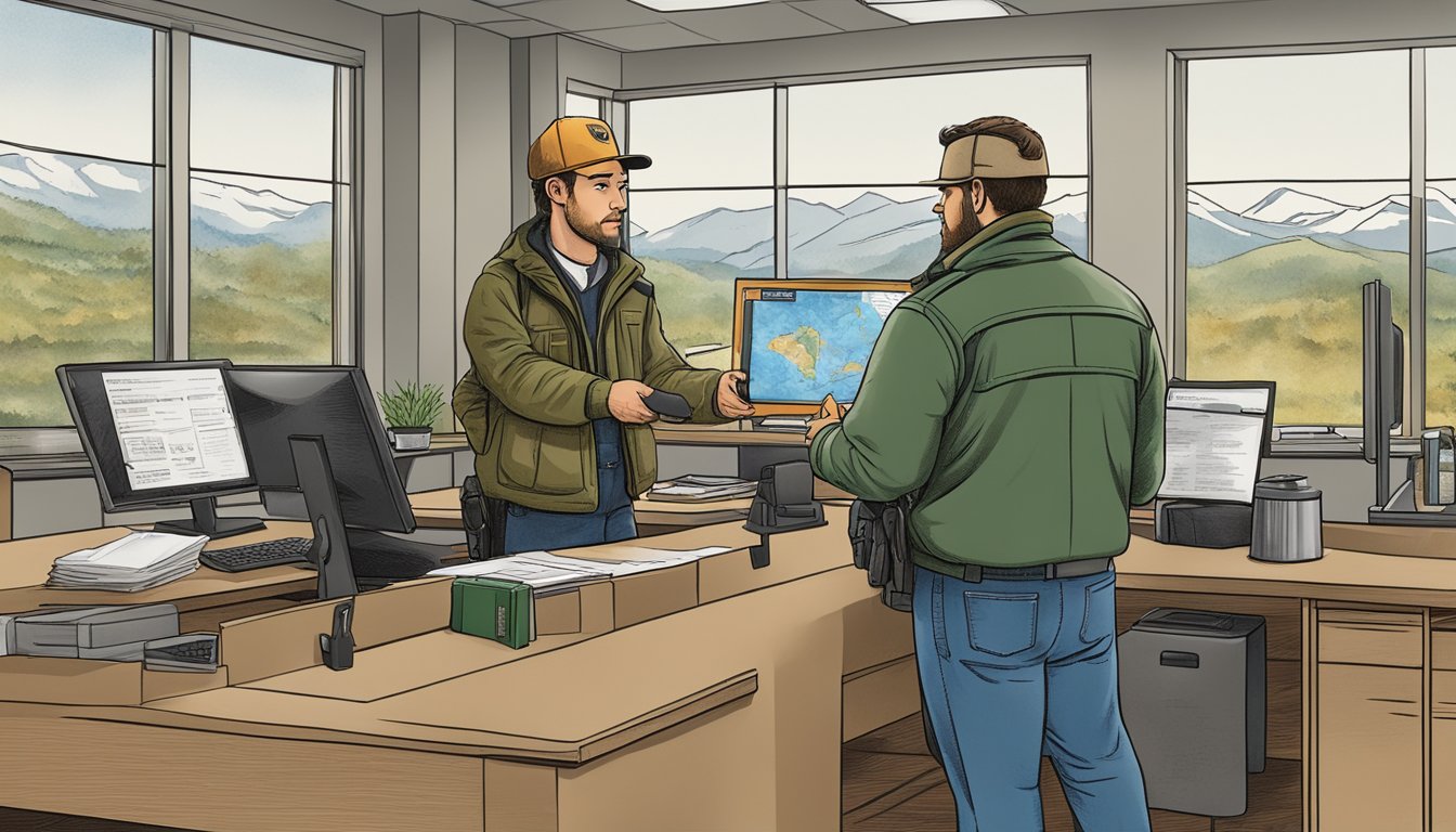 A hunter purchasing a Washington Non Resident Hunting License at a state wildlife agency office