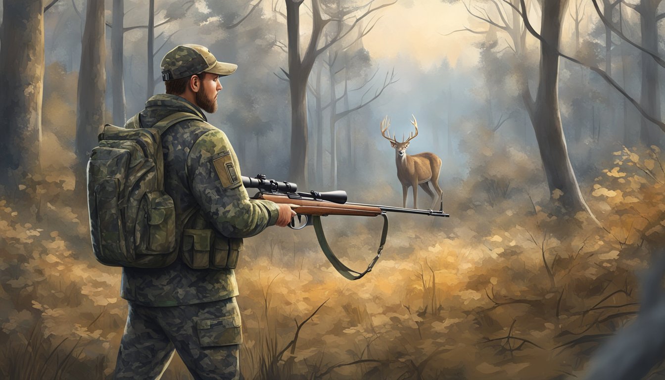 A hunter in camouflage clothing holding a rifle, standing in a wooded area with a clear view of a deer in the distance