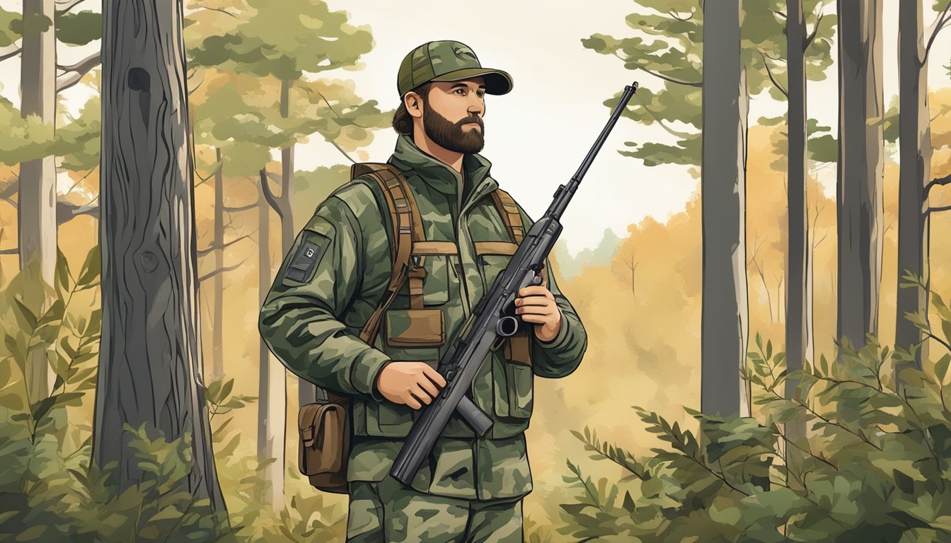 A hunter in camouflage holding a Virginia non-resident hunting license while standing in a forest clearing with a rifle and binoculars