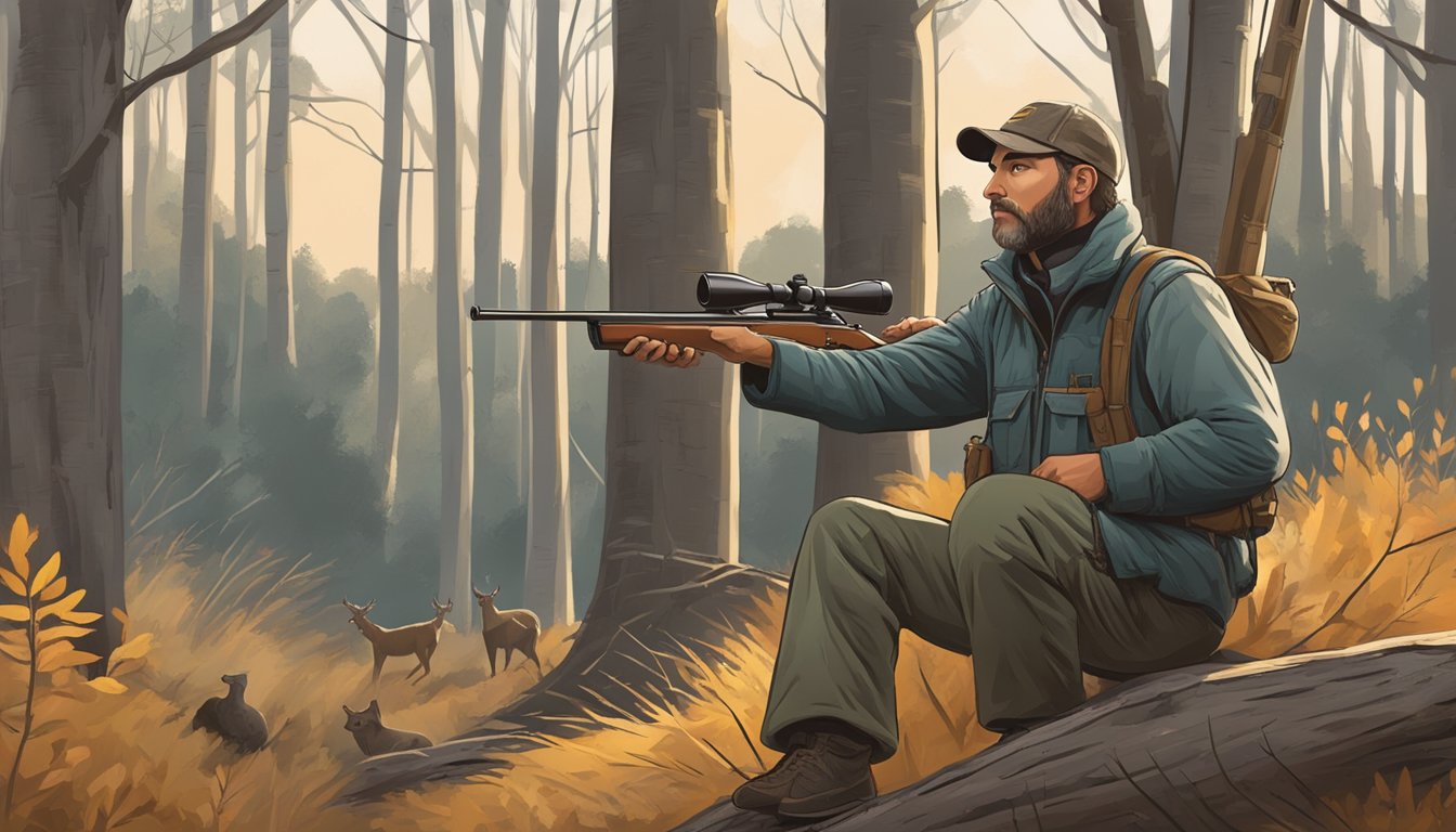 A hunter with a valid Virginia non-resident hunting license is seen following ethical hunting practices in a wooded area, waiting patiently for a target animal