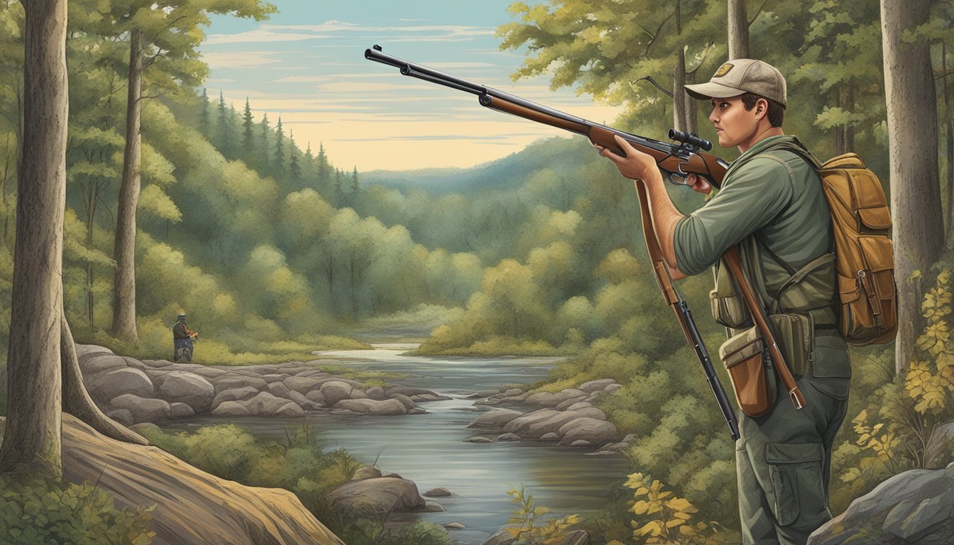 A forested landscape with a hunter holding a Tennessee Non Resident Hunting License and a rifle, surrounded by wildlife and natural scenery