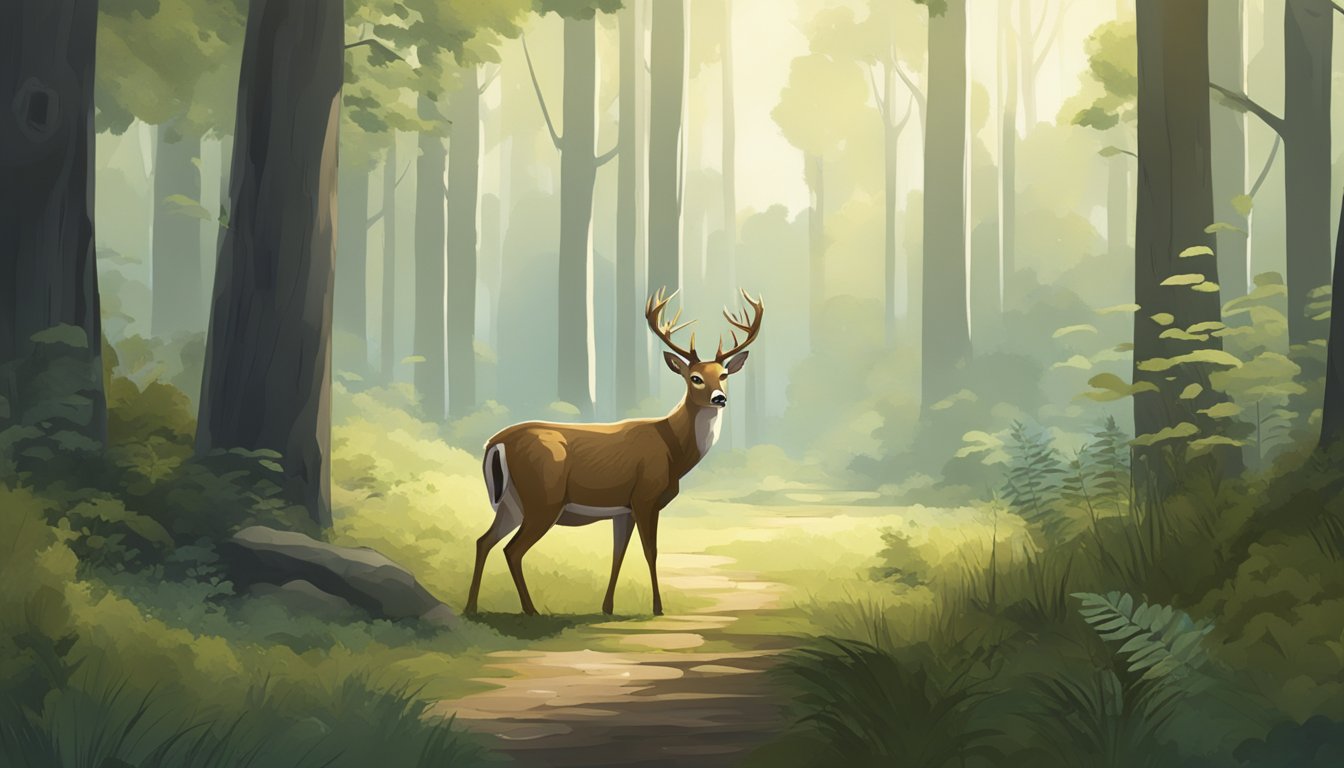 A forest scene with a deer standing in a clearing, surrounded by trees and foliage. The deer is alert and looking towards the viewer