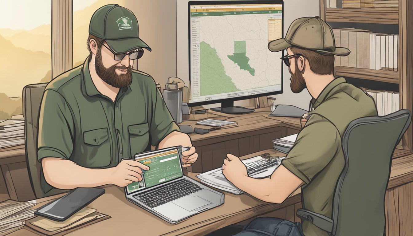 A hunter purchasing a Tennessee non-resident hunting license online with educational resources and support displayed in the background