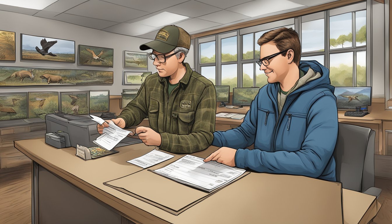 A hunter purchasing a Wisconsin nonresident hunting license at a wildlife conservation office