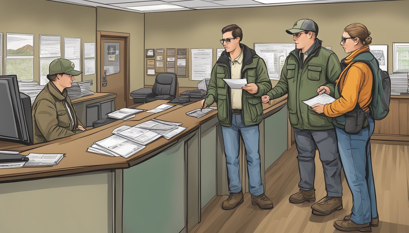 A hunter purchasing a Washington non-resident hunting license at a wildlife resources office, with staff providing support and additional resources