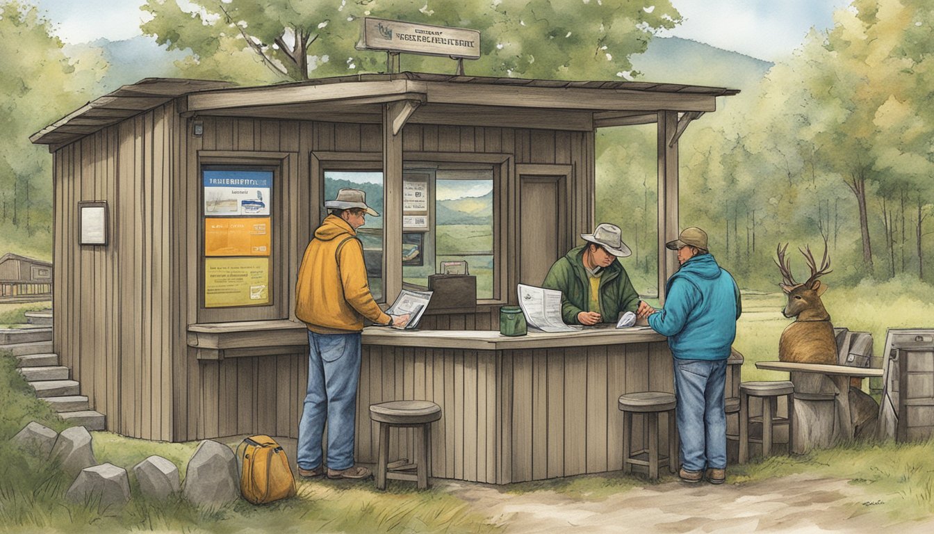 A hunter purchasing a Vermont Non Resident Hunting License at a rustic outdoor registration station