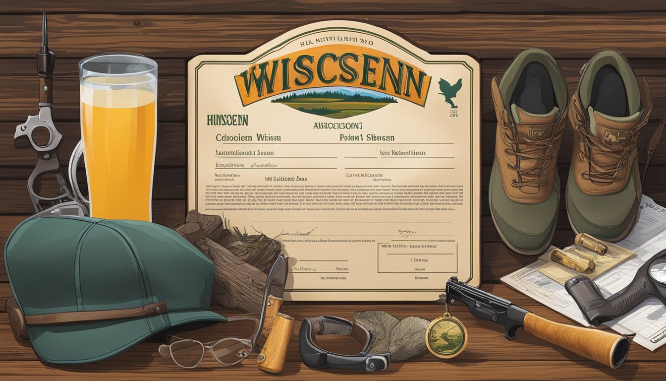 A colorful Wisconsin landscape with a hunting license displayed on a rustic wooden table, surrounded by hunting gear and wildlife