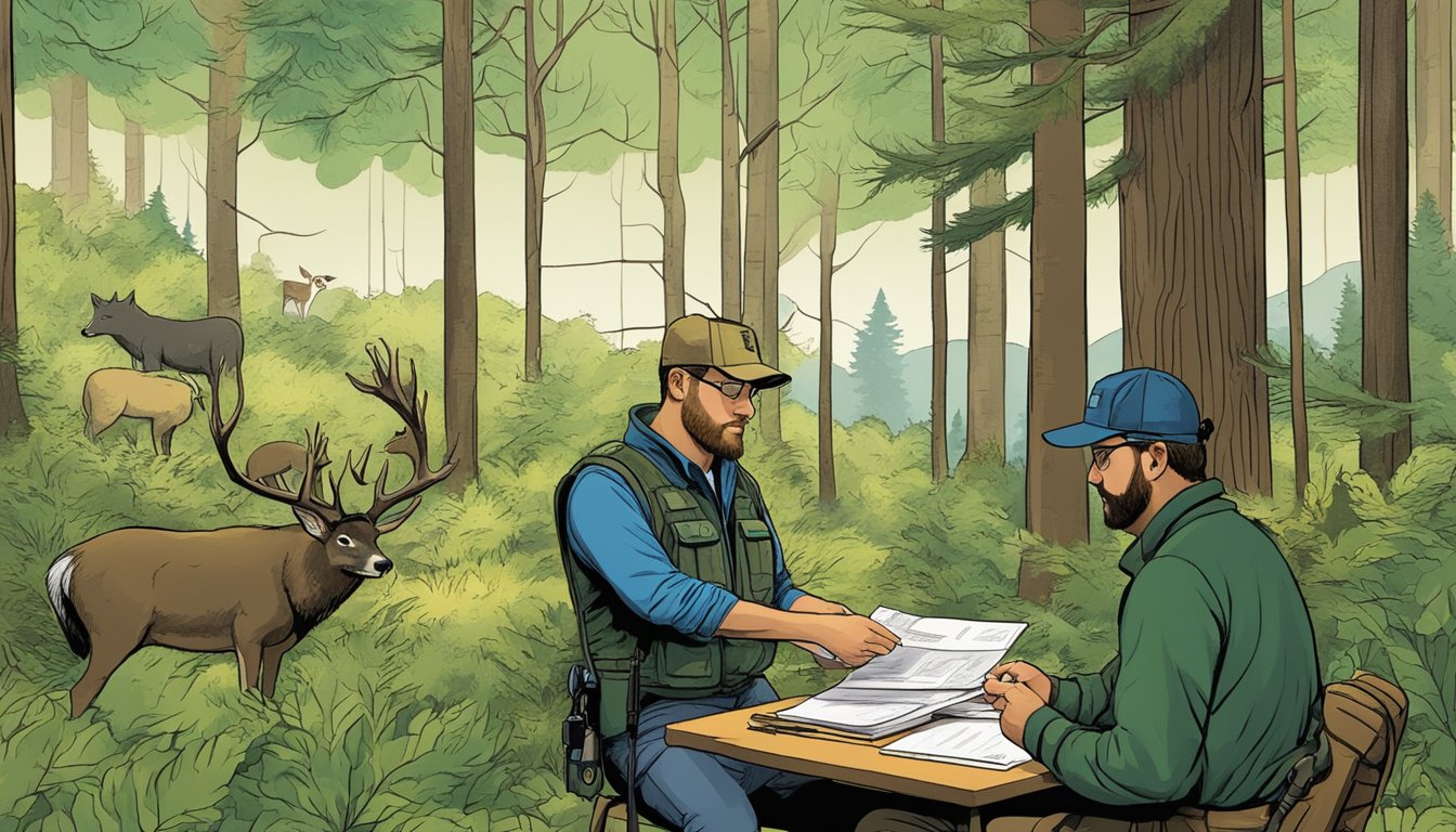 A forest scene with a hunter purchasing a Vermont non-resident hunting license from a ranger station. The hunter is filling out paperwork while surrounded by trees and wildlife