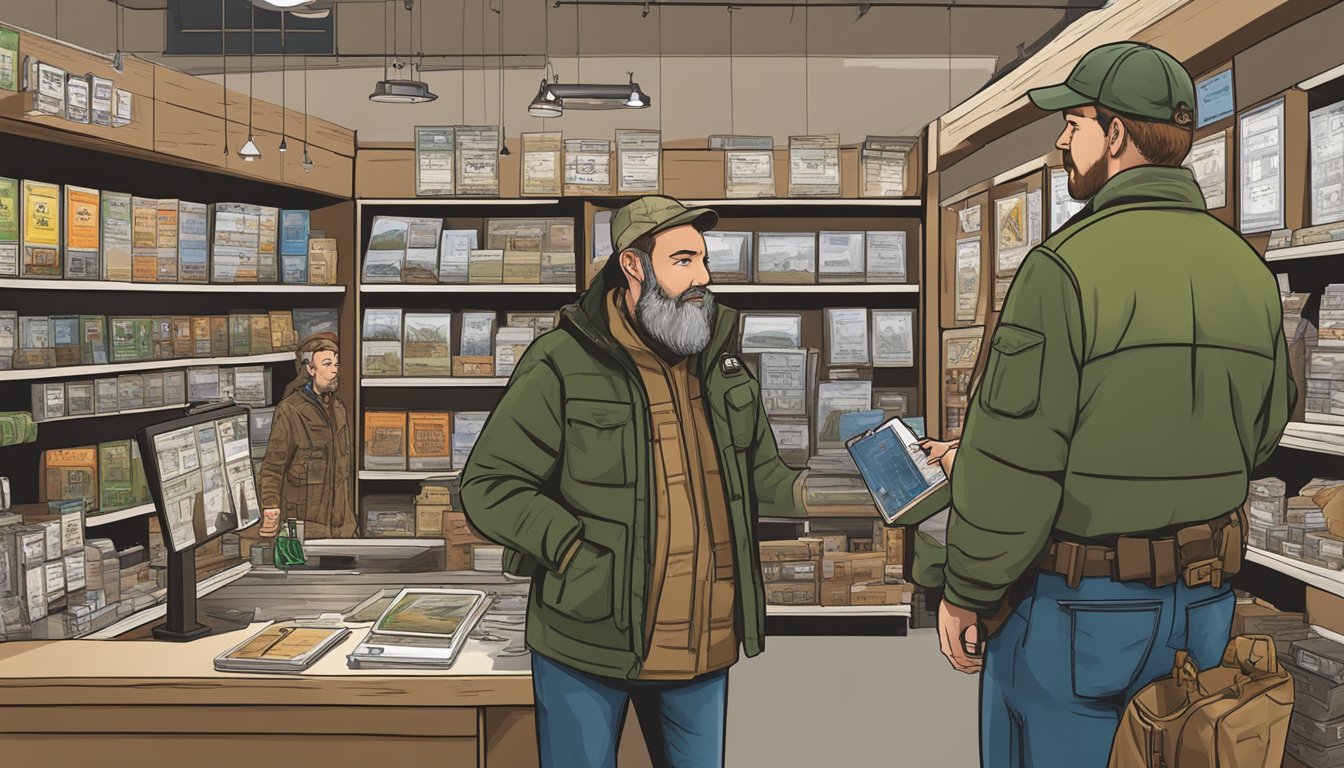 A hunter purchasing a Wisconsin non-resident hunting license at a local outdoor supply store