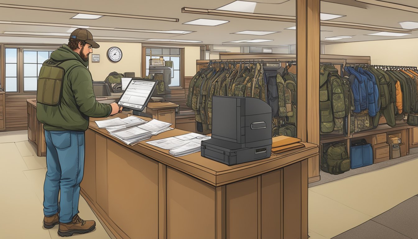 A hunter filling out paperwork at a Vermont licensing office, with a display of hunting gear and a payment counter in the background