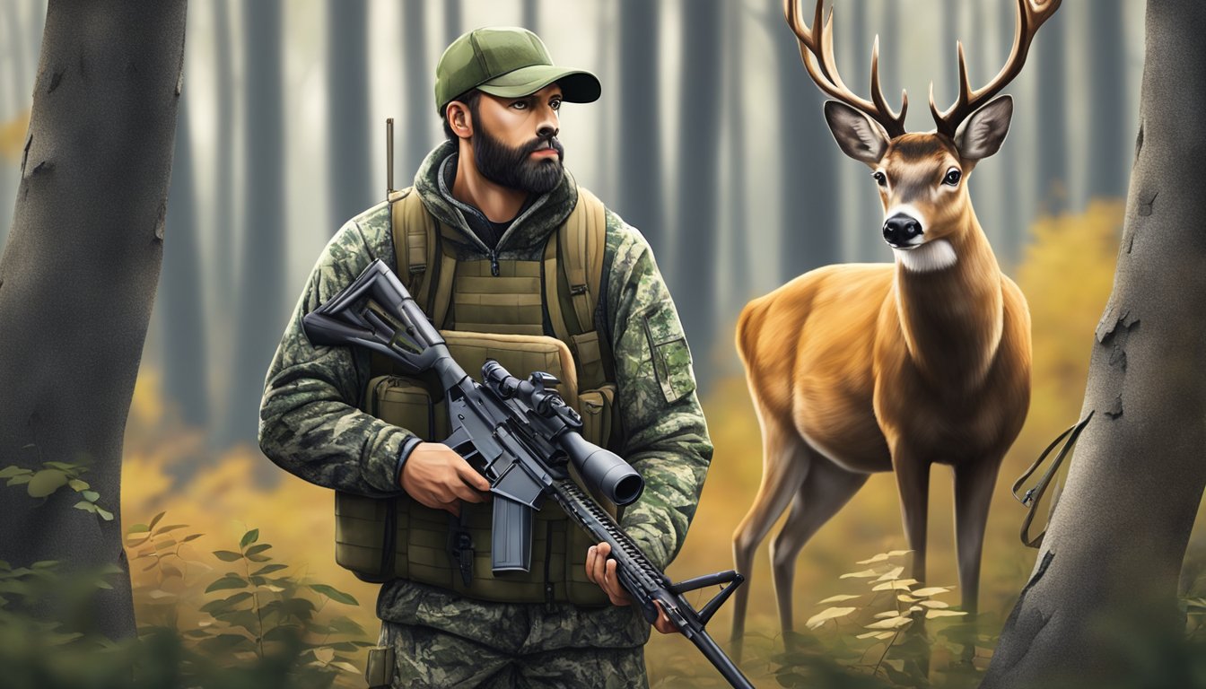 A hunter in camouflage holding a rifle, standing in a forest with a deer in the background