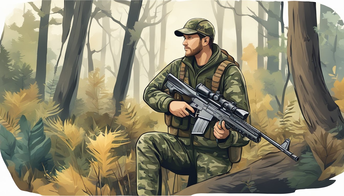 A hunter in camouflage holding a rifle in a forest clearing with wildlife and conservation signs