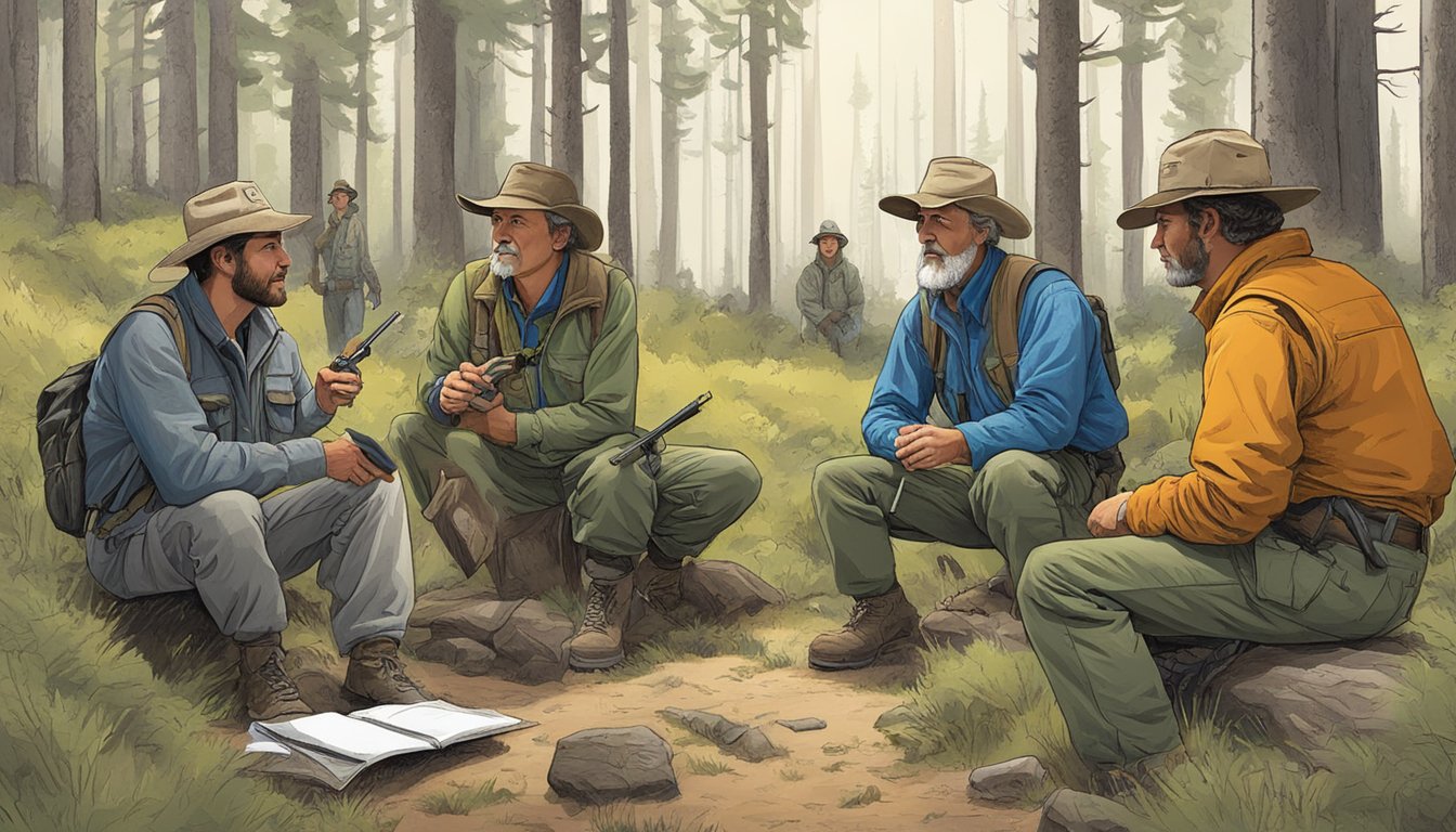 A group of wildlife conservationists discussing non-resident hunting licenses in a Wyoming forest clearing