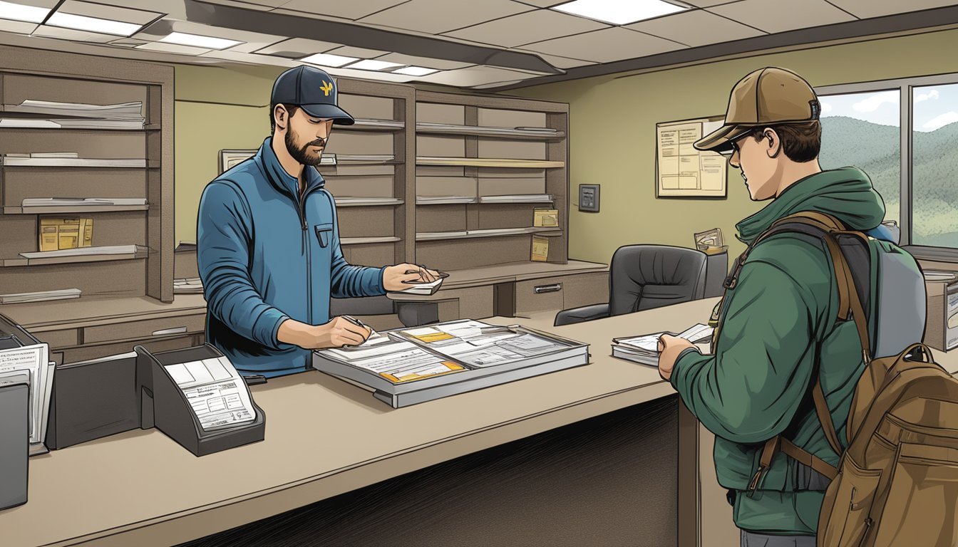 A hunter purchasing a nonresident hunting license at a West Virginia Department of Natural Resources office