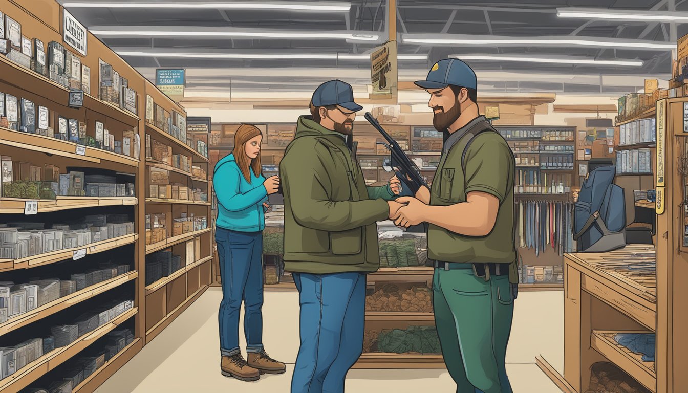 A hunter purchasing a West Virginia non-resident hunting license at a local outdoor supply store