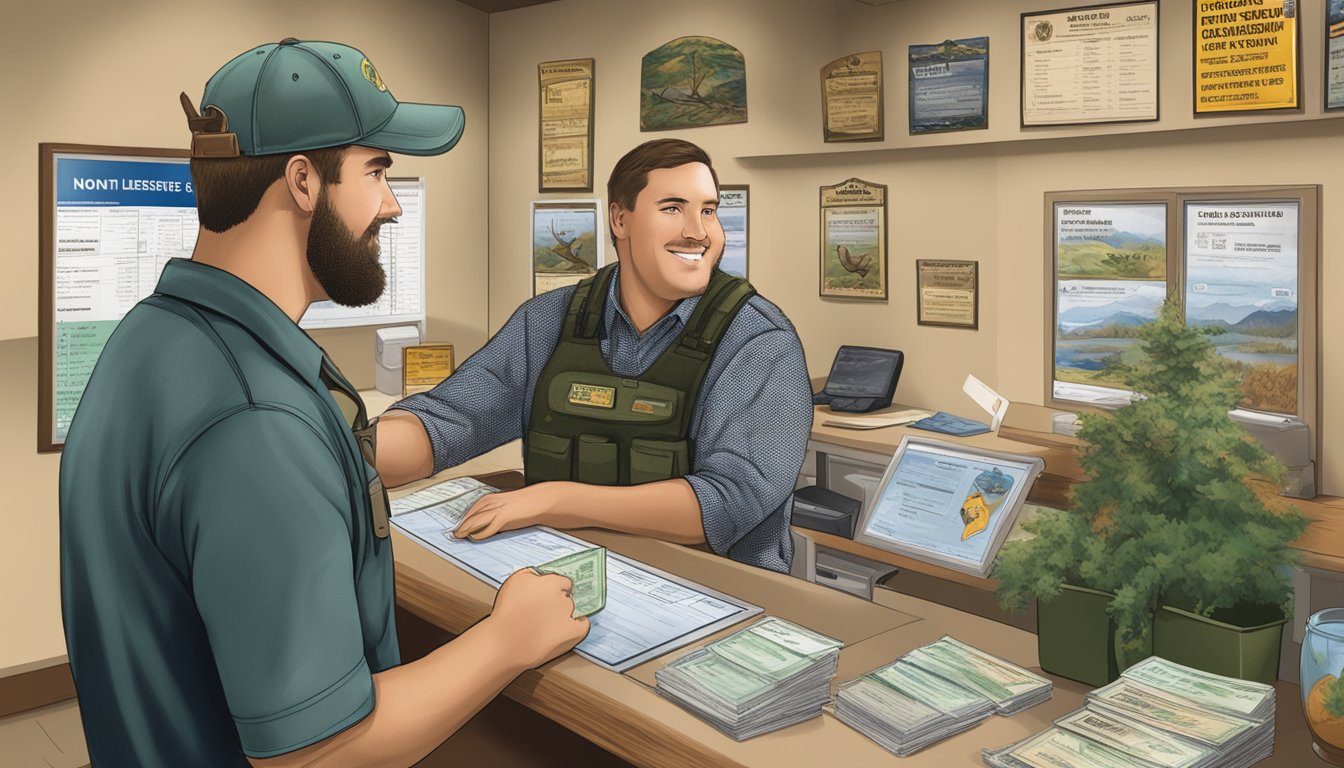 A hunter purchasing a West Virginia non-resident hunting license from a wildlife agency office, with various license options displayed on a wall behind the counter