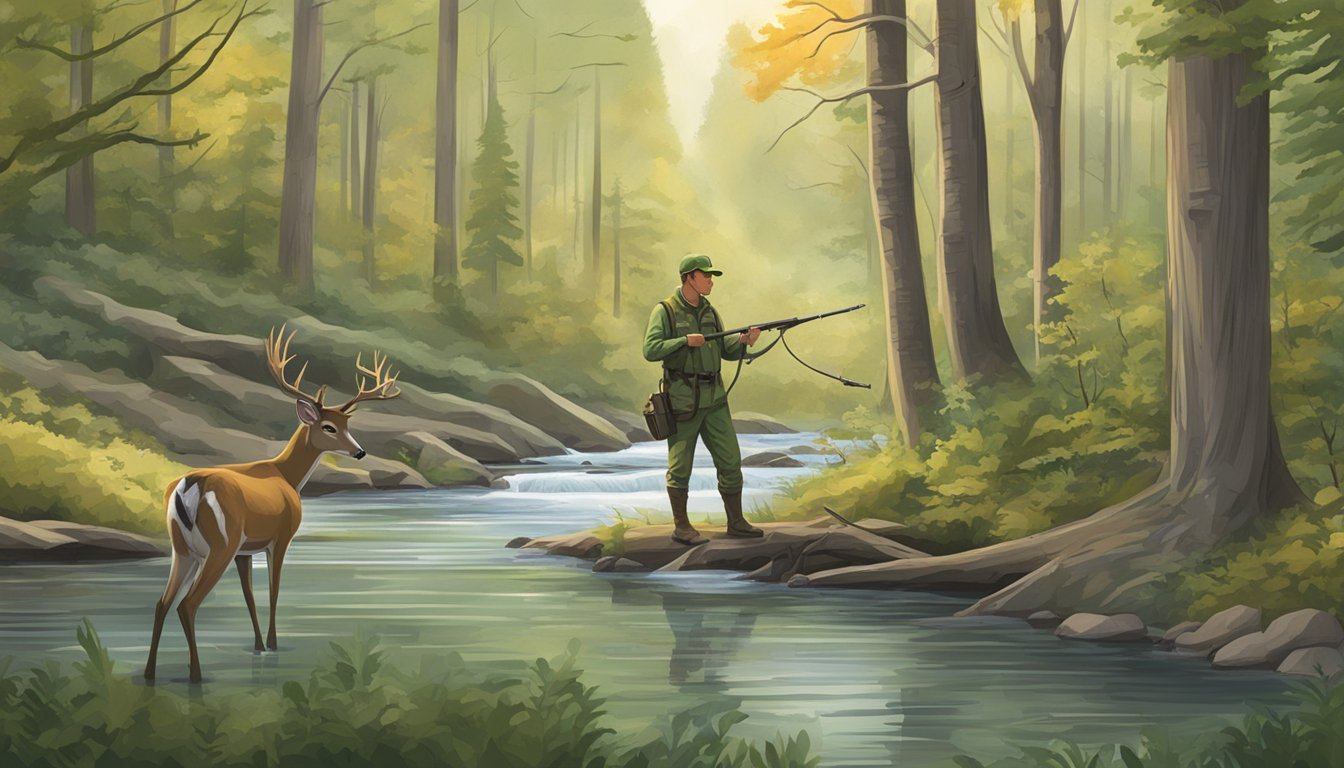 A serene forest scene with a river, deer, and a hunter purchasing a West Virginia non-resident hunting license from a ranger station