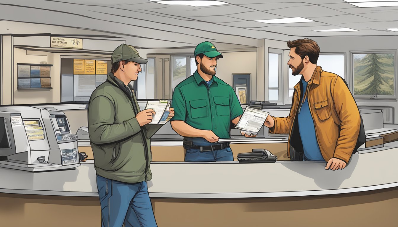 A hunter purchasing a West Virginia non-resident hunting license at a government office counter