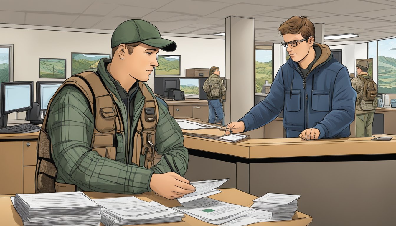 A hunter purchasing a West Virginia non-resident hunting license at a wildlife agency office counter