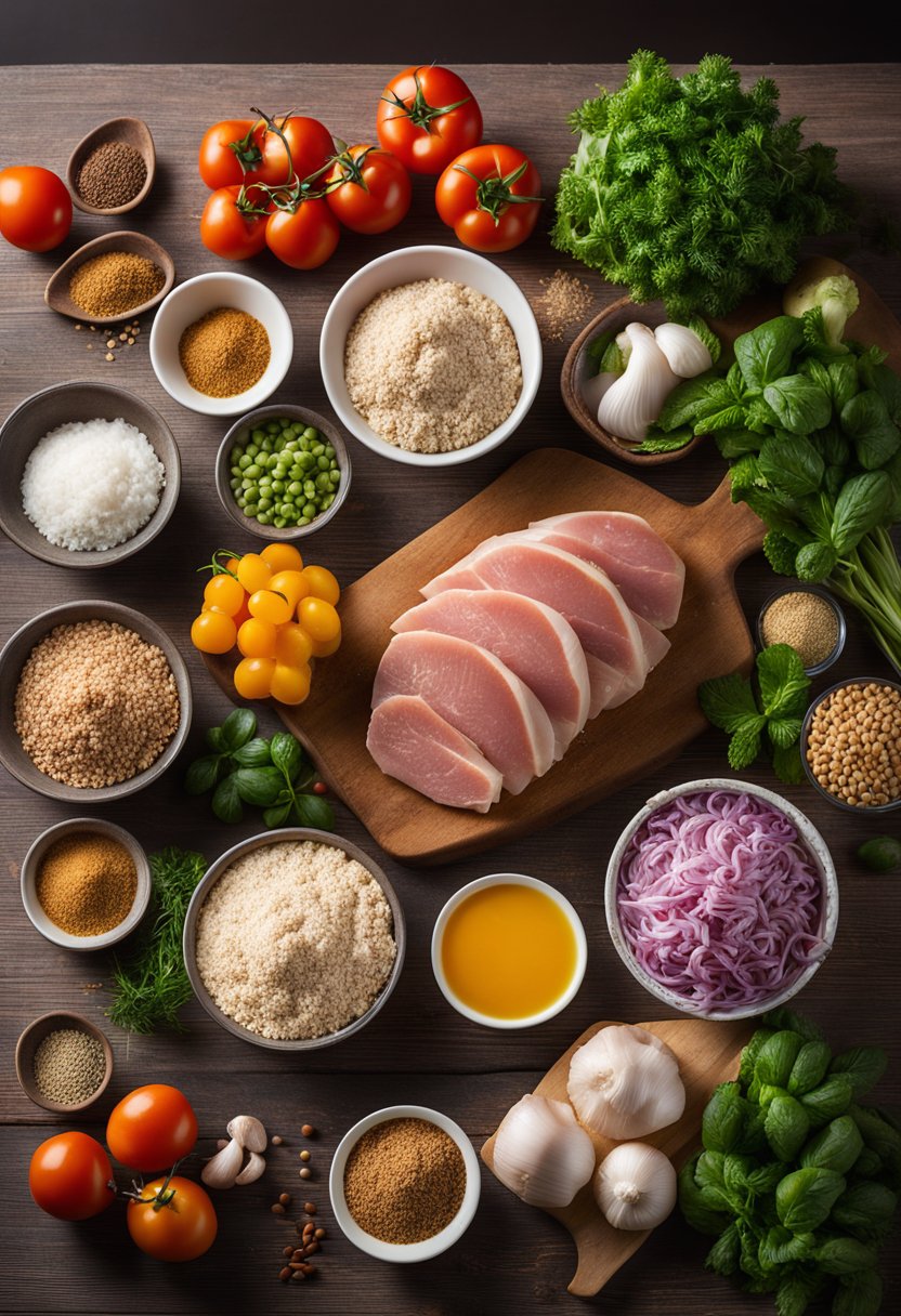 A kitchen counter with ingredients for keto ground turkey recipes: ground turkey, fresh vegetables, herbs, and spices