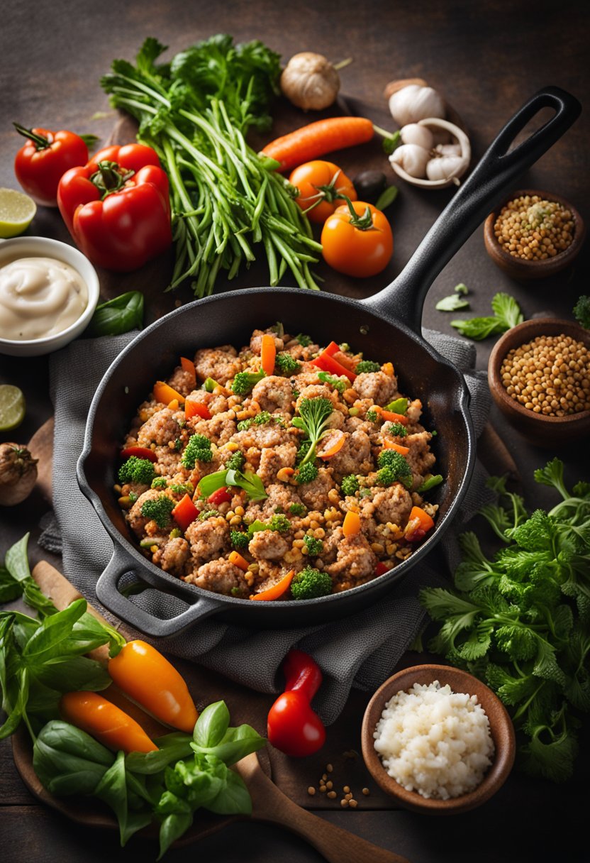 A sizzling skillet of seasoned ground turkey surrounded by vibrant, fresh vegetables and herbs, emitting a mouthwatering aroma