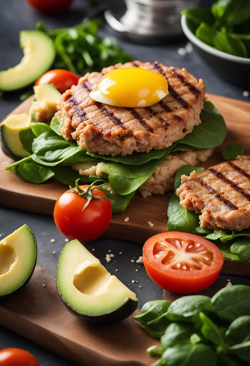 Ground turkey being seasoned and formed into patties on a cutting board, surrounded by keto-friendly ingredients like avocado, spinach, and tomatoes