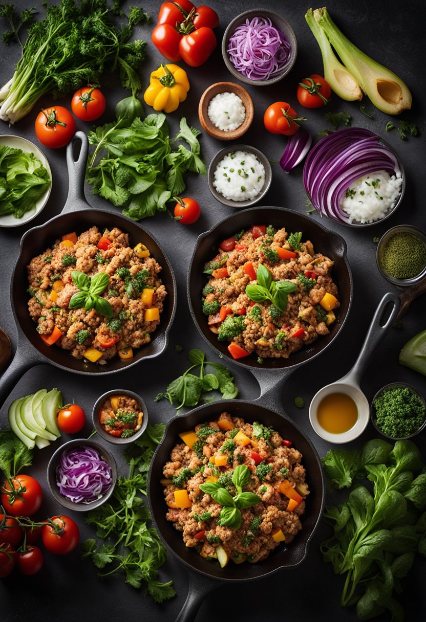 A sizzling skillet with seasoned ground turkey, surrounded by colorful low-carb vegetables and herbs, ready to be served as a keto-friendly meal