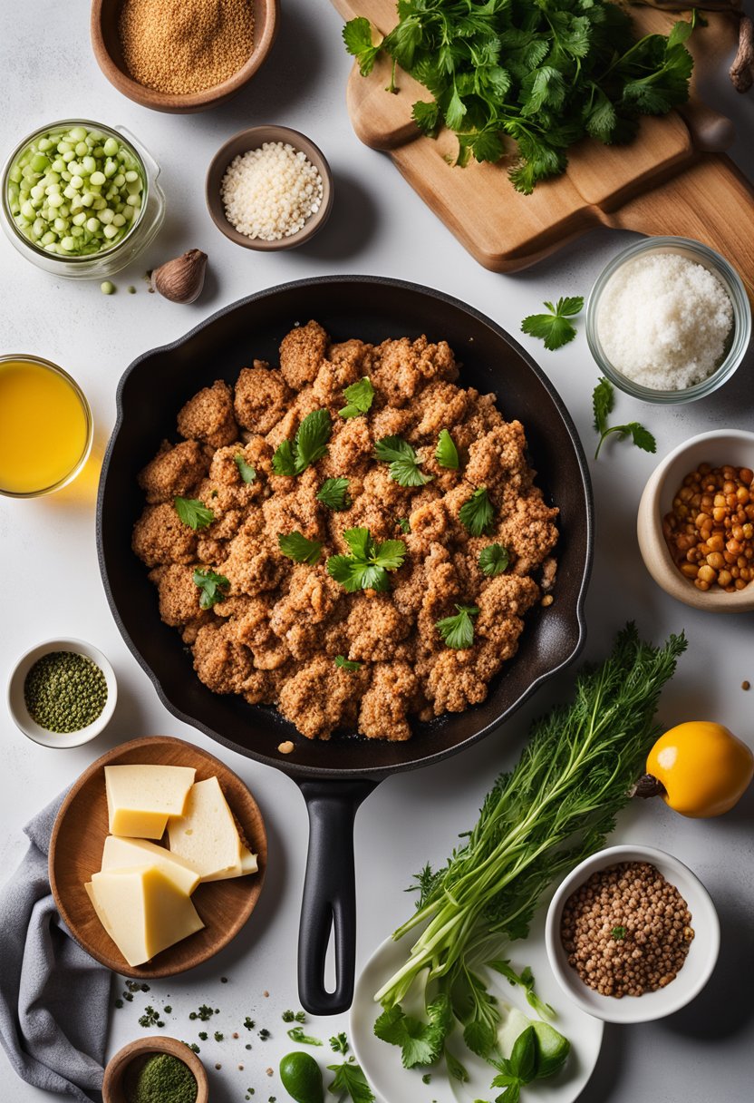 A kitchen counter with various fresh ingredients and spices, a skillet sizzling with ground turkey, and a cookbook open to a page of keto recipes